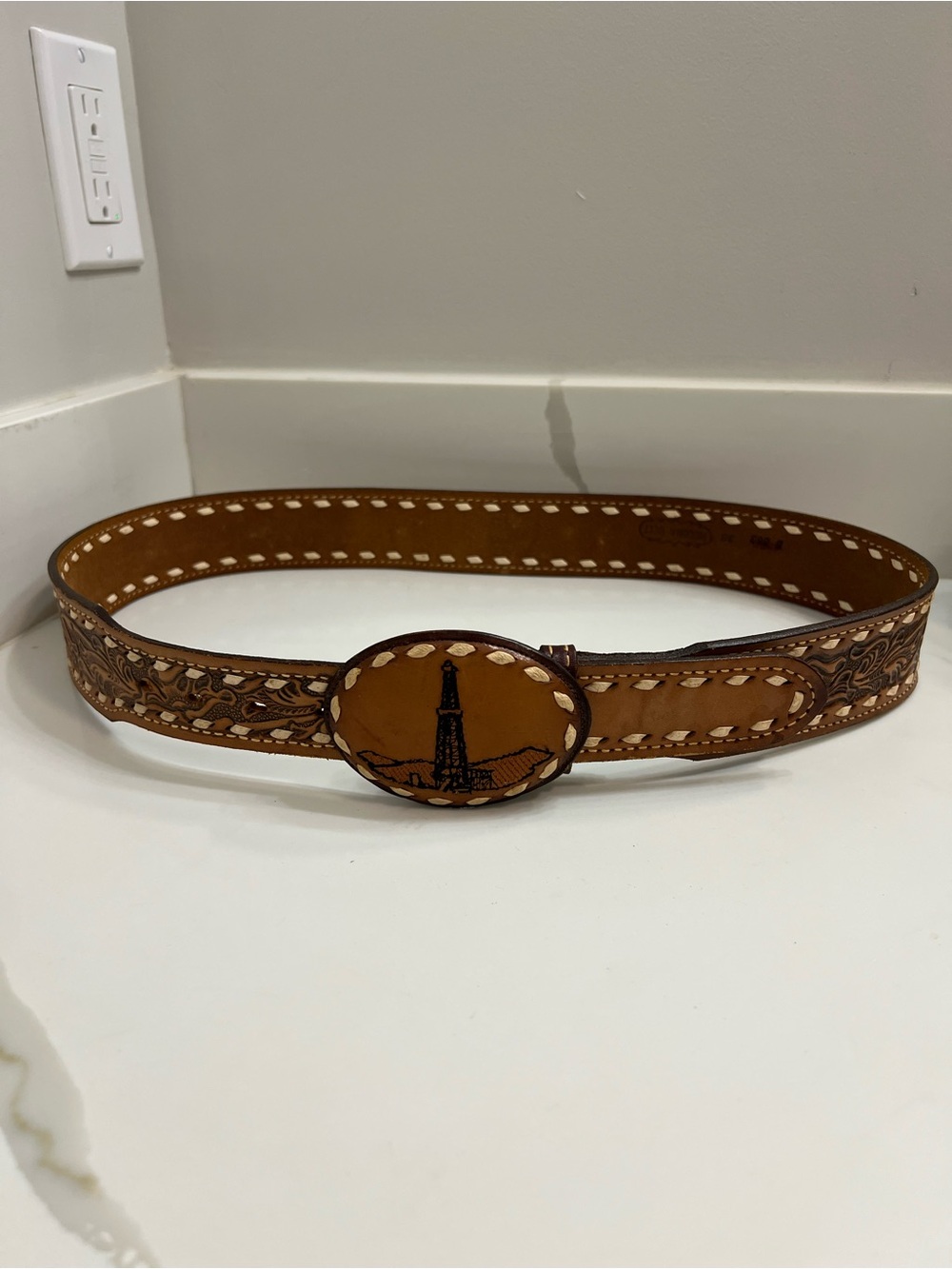 Nocona Tooled Tan and Brown Leather Western Belt with Oval Tower Buckle